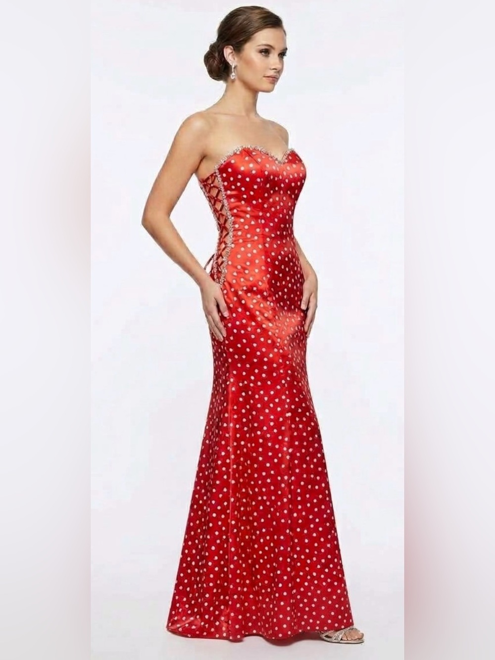 Mori Lee Formal Gown Maxi Dress Sz 13/14 Red White Polka Dot Beaded Sides LaceUp